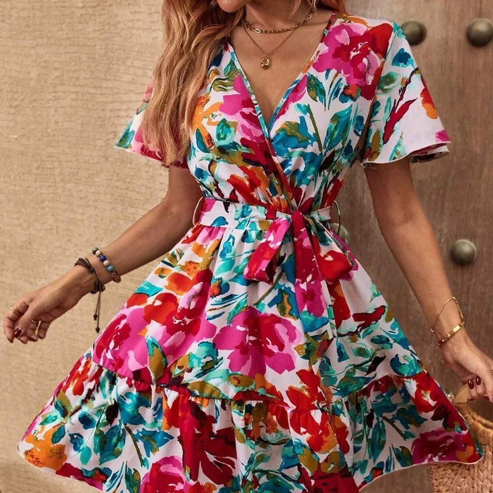 Multicolor Boho Womens Floral Print Butterfly Sleeve Ruffle Hem Belted Dress - Picture 4 of 5